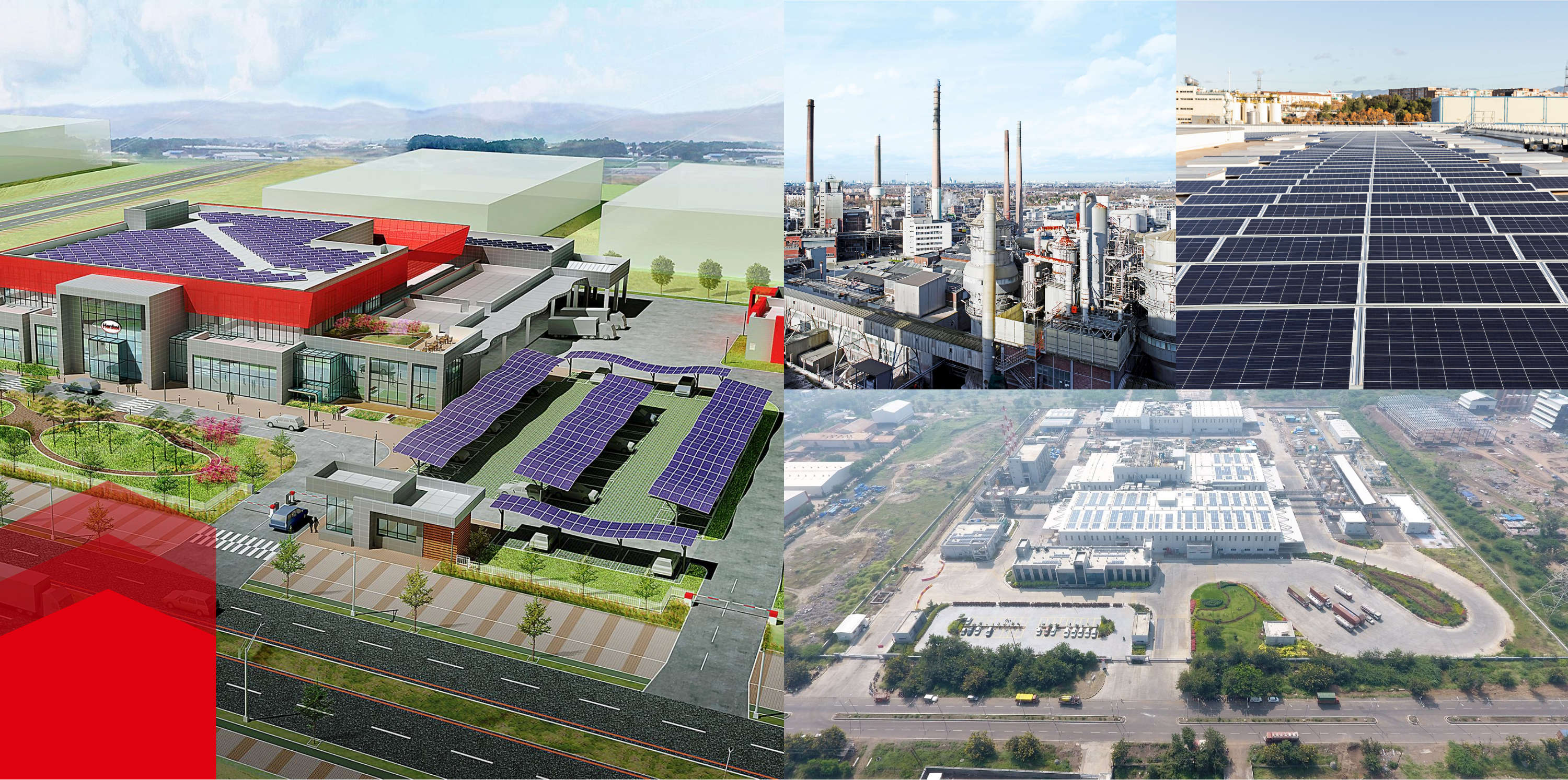 Güneş panelleri ve büyük fabrikaları olan binaların resimlerinden oluşan kolaj 