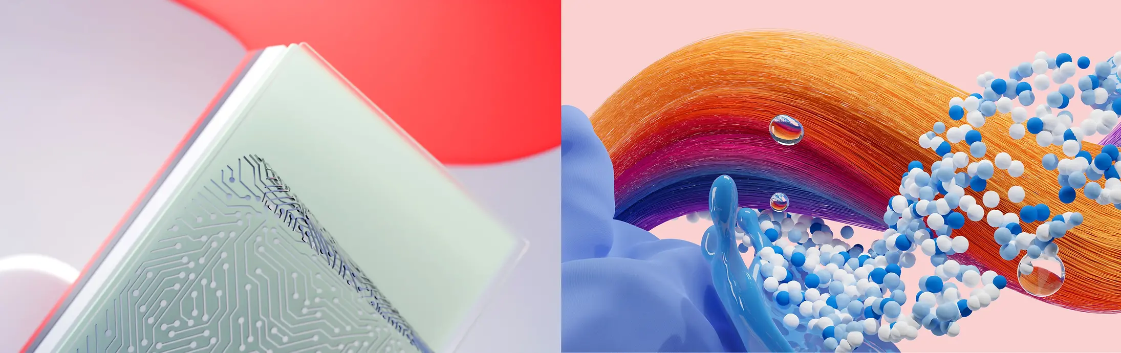 Henkel'in iş birimleri olan Yapıştırıcı Teknolojiler, Saç ve Çamaşır & Ev Bakım’ı temsil eden soyut bir görsel.